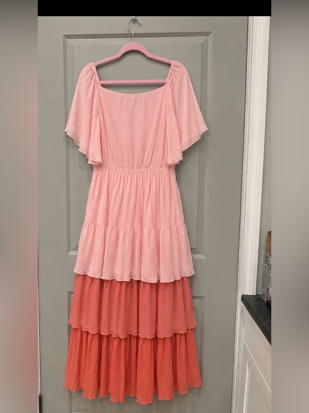 POLAGRAM Short Flutter-sleeve  Blush to Coral Tiered Maxi Dress Size 1XL - Picture 5 of 5